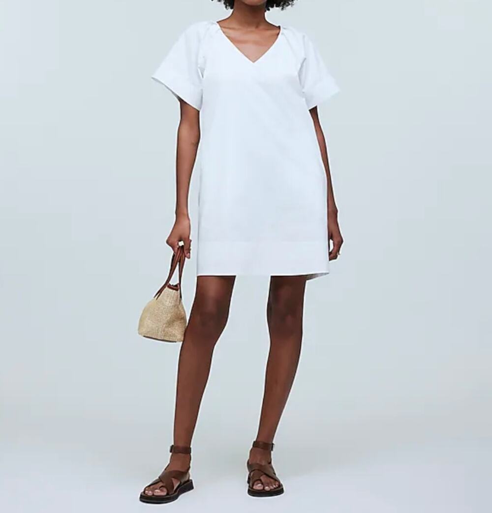 Madewell V Neck Mini Shirtdress Poplin Cotton White Pockets Relaxed Shift M NWT